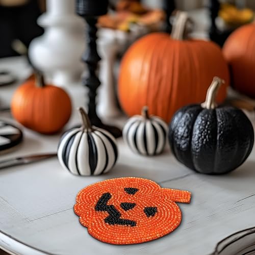 COTTON CRAFT Halloween Harvest Pumpkin Beaded Coaster - Set of 4 Handmade Bar Drink Tabletop Protection Coasters - Autumn Fall T